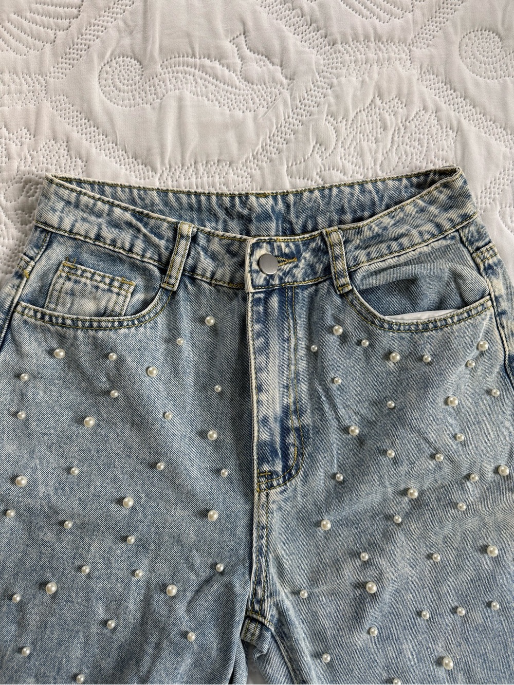 Light Blue Pearl-Studded Boot Cut Jeans